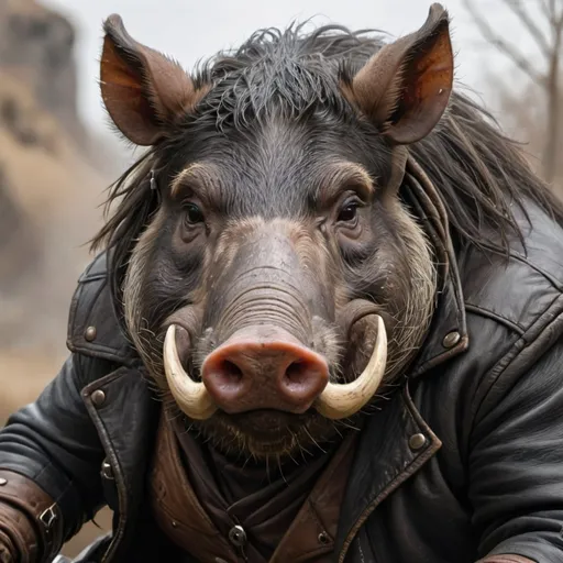 Prompt: Big black wild hog with tusks and a leather jacket driving a tracor,closeup of the face area