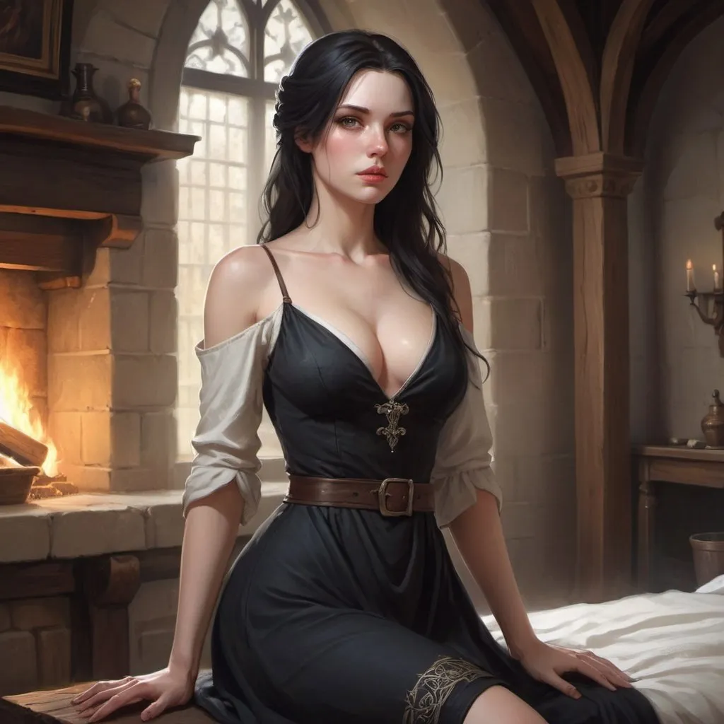 Prompt: portrait of a pale woman, art by artgerm and ruan jia and greg rutkowski, detailed, medieval, middle ages, game-rpg, adult, atmosphere, adult, attractive, middle ages, medieval room background, plentiful, warm, black dress, cozy, comfortable, desire, revealing, soft lighting, sensual pose waist, lips, eyes, white dress, medieval, game-rpg, black hair, brunette, lean, ethereal, fit, adult, mystery, horror, atmosphere, juicy, attractive, wanting, inviting, room, plentiful, warm, need, fireplace, bed, revealing