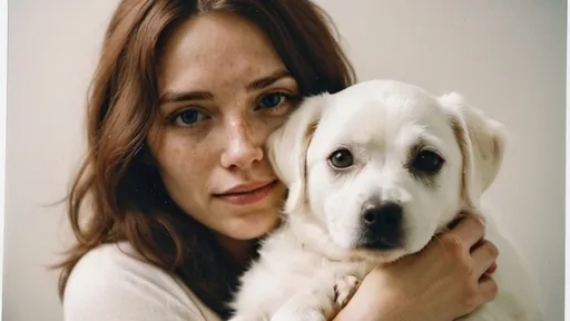 Prompt: polaroid photo of woman  holds her white dog in her arms,soft lighting,photo realistic, cinematic, freckles