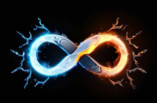 Prompt: a glowing infinity icon that is made by ice and fire in a black background with blue lightnings
