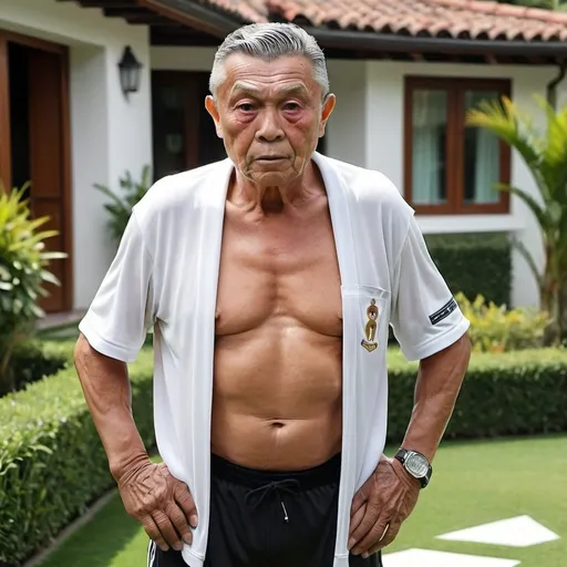 Prompt: Bambang is an old man with a muscular body, brown eyes, he is a neighbor of Ronaldo who is very famous as a football icon, they are good neighbors, and his house is next to Ronaldo's house which is luxurious, majestic and hedonistic.