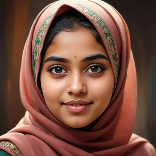 Prompt: Realistic digital painting of a 20-year-old Bangladeshi hijab girl with a sarcastic expression, chubby cheeks, and confident posture, high quality, digital art, realistic style, warm tones, natural lighting, detailed facial features, traditional attire, expressive eyes, artistic flair