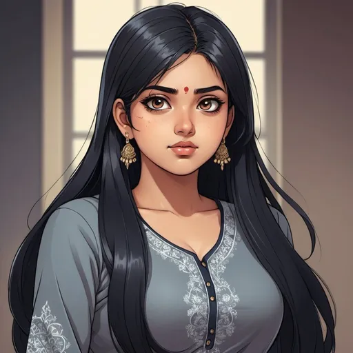 Prompt: Anime illustration of a  Bangladeshi 20 years old, chubby and attractive body, long black hair, extrovert demeanor, anime, pretty sparkling eyes, funny and sarcastic expression, sleek design,  intense and focused gaze, cool tones, detailed hair, anime, smart wearing salwar kamiz