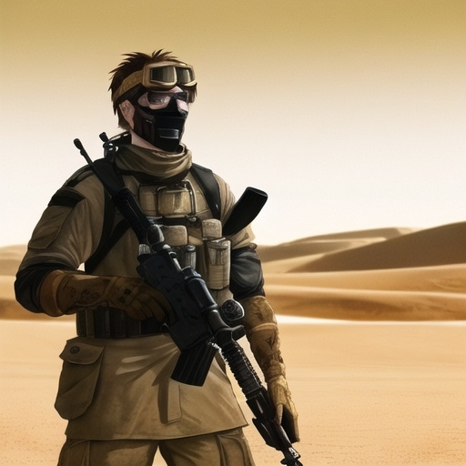 Prompt: a man in a desert outfit holding a rifle and wearing a mask and goggles with a desert background, Brian 'Chippy' Dugan, serial art, full round face, a character portrait. He is a navy seal with a sophisticated military kit.