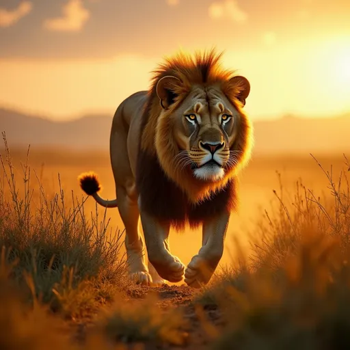 Prompt: In a golden savanna bathed in warm, amber light, a majestic lion prowls with purpose, his golden mane glistening under the soft, fading rays of the sun. The grass sways gently in the evening breeze, casting intricate shadows as the lion's powerful frame moves stealthily between tall tufts of grass. His keen amber eyes scan the horizon for prey, embodying both strength and the primal instinct of survival. The sky is painted in hues of orange and pink, hinting at a serene yet intense atmosphere, while a few scattered clouds catch the last light of day. This scene unfolds in a photorealistic style, capturing every sinew and filament of the lion's fur, enveloping the viewer in this warm, raw, and wilderness-filled moment.