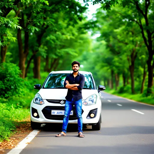 Prompt: A young man stands confidently beside a white Suzuki car parked along a tree-lined road, his arms crossed and a serious expression on his face. Dressed in a black shirt and blue jeans, he projects an air of relaxed composure, with his feet resting casually in sandals. The lush greenery enveloping the scene indicates a vibrant, natural setting, likely in early afternoon light, providing a bright and inviting atmosphere. The road, with its clean white stripe, draws the eye and emphasizes the tranquil yet adventurous spirit of the moment, suggesting a break from travel or a spontaneous roadside stop. The overall mood conveys a blend of confidence and serenity, framed by the refreshing backdrop of nature. Turn it into Ghibli art picture with desi indian touch .
