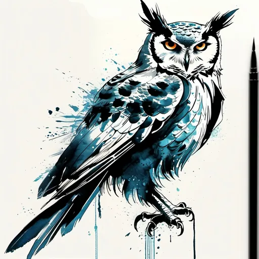 Prompt: Ink drawing of a owl, side profile, moden ao Dai, full body, Peter Draws, digital illustration, comic style, black and white contrast, perfect anatomy, centered, dynamic, detailed, watercolor painting, artstation, concept art, smooth, sharp focus, illustration, art by Carne Griffiths and Wadim Kashin