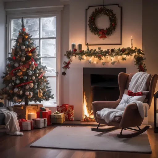 Prompt: room with a fireplace,a decorated Christmas tree next to fireplace,swing chair in front of fireplace,cozy surroundings,Christmas eve