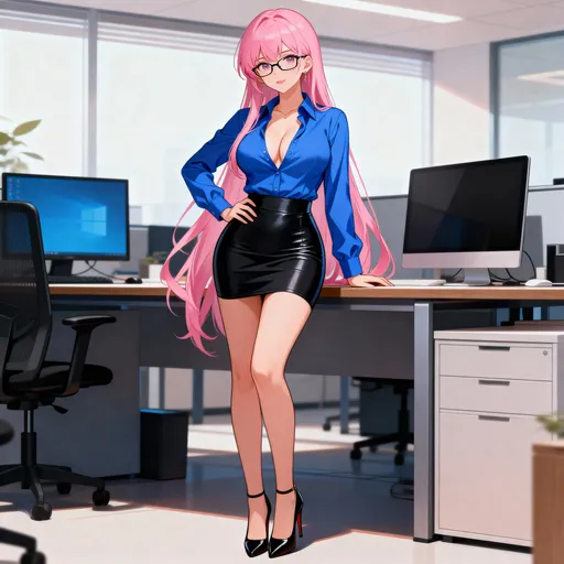 Prompt: Beautiful and astonishing adult female anime, pink long hair, body figure 38-32-36, unbuttoned top blue formal shirt, black mini bodycon skirt, high heel, wear specs, in office environment 