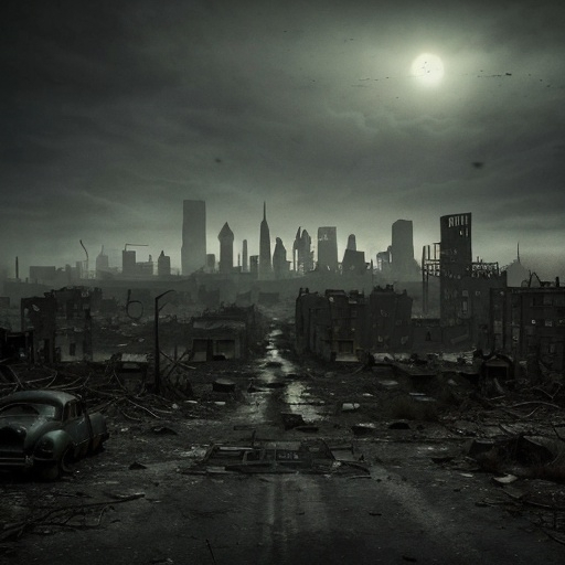 Prompt: Post apocalyptic city skyline from far away in year 1940 