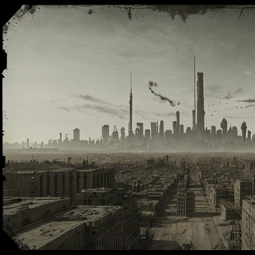 Prompt: Post apocalyptic city skyline from far away in year 1920