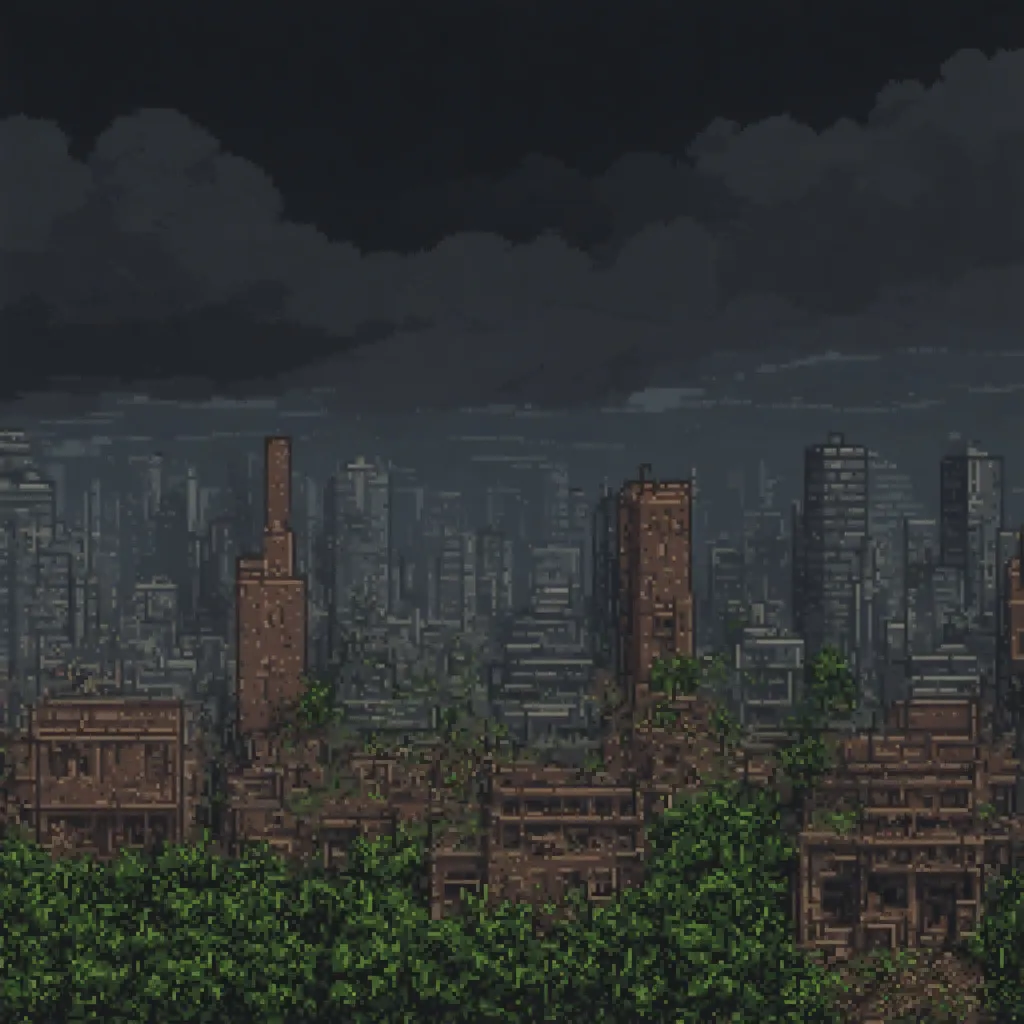 Prompt: Post apocalyptic city skyline from far away in year 1940 in pixel art