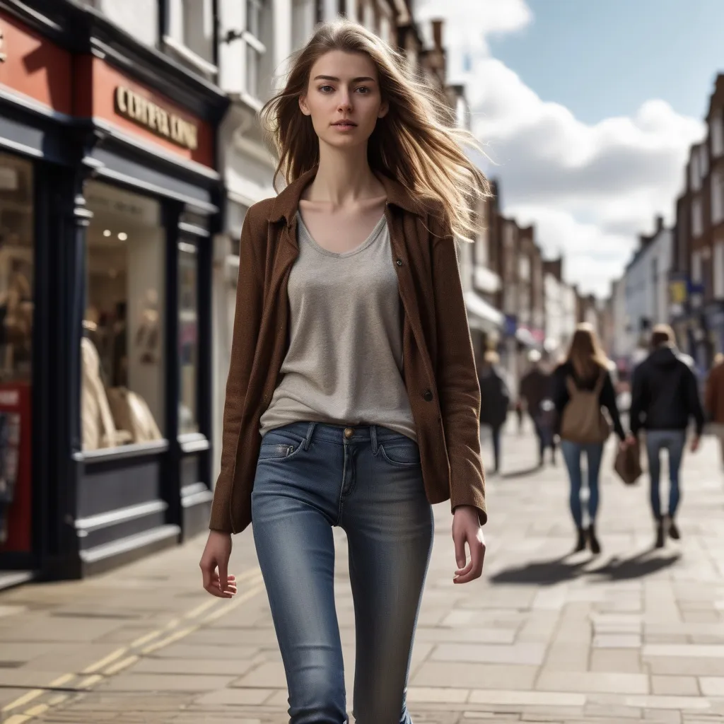 Prompt: Tall young woman walking down the high street, detailed clothing, realistic, natural lighting
