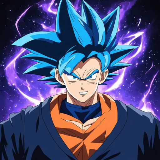 Prompt: Create an image of a character inspired by Super Saiyan Blue Goku for a Discord profile picture, with a focus on cool, harmonious colors like tan, blue, and purple. The character should have spiky, radiant blue hair, but the emphasis is on the surrounding aura and color palette. Design the aura with a blend of deep blues and vibrant purples, creating a dynamic swirl of energy. Add subtle streaks of electric blue and soft, glowing highlights of tan to balance the intense colors. The background should feature a smooth gradient that transitions from dark indigo to lighter lavender, with hints of soft tan blending in, creating a serene yet powerful atmosphere. Incorporate glowing particles and subtle light flares in blue and purple to enhance the mystical vibe. The overall image should be cool, balanced, and visually striking, perfect for a profile picture that radiates both power and calm energy.