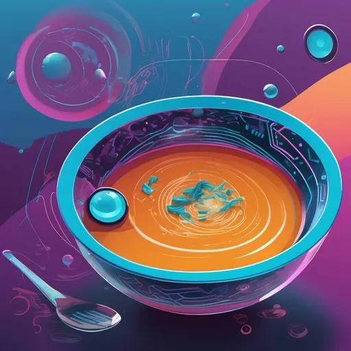 Prompt: Design an abstract profile picture titled 'Cyber Soup,' featuring a bowl of soup with a futuristic, cybernetic twist. The soup itself should have a liquid surface with swirling, cool colors like blue, teal, and purple, creating a mesmerizing, glowing effect. Floating within the soup, incorporate digital elements like circuit patterns, neon-colored shapes, and tiny data streams, all gently mixing together. The bowl should have a sleek, modern design, perhaps with a metallic or glass-like appearance, reflecting the cool tones of the soup. The background should be a subtle gradient, transitioning from deep blue to soft teal, with faint digital patterns or light flares to enhance the cybernetic theme. The overall image should be both soothing and intriguing, blending the concept of a comforting bowl of soup with a high-tech, futuristic aesthetic.