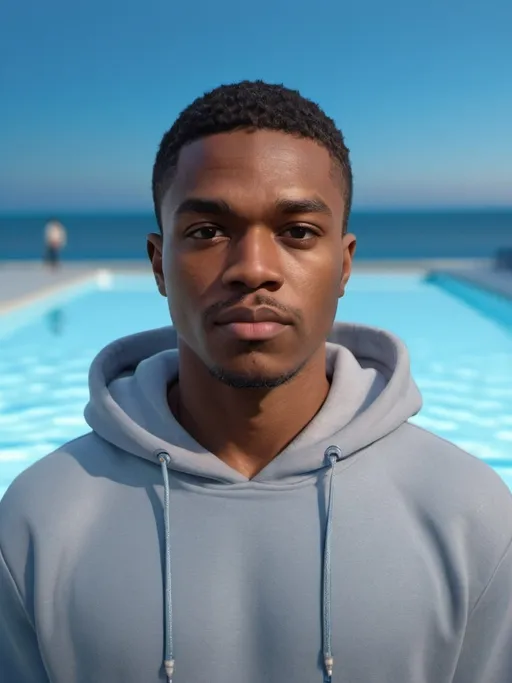 Prompt: (photorealistic) man in a (gray hoodie), standing in front of a serene swimming pool, vibrant blue background, reflective water, capturing the essence of Bruce Onobrakpeya's style, (hurufiyya) art influence, (professional photo) quality, engaging scene at twilight, soft ambient lighting, (ultra-detailed) with emphasis on textures and colors, showcasing tranquility and modern elegance.