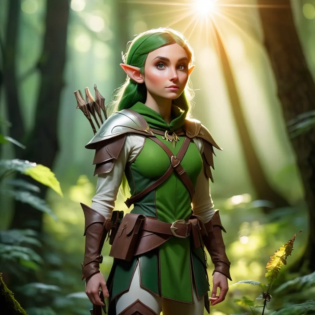 Prompt: Elf ranger in a mystical forest around sunlight