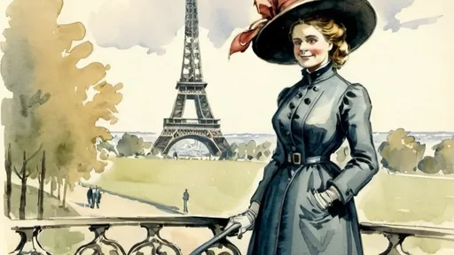 Prompt: In 1904, a woman is standing in a park in Paris. She is dressed in a coat and skirt with a big hat. She is smiling and looking at the camera. Pen and ink and watercolor. Eiffel Tower in background