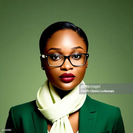 Prompt: An officially dressed lady in green suit white shirt green scarf natural lipstick and bob hair portrait