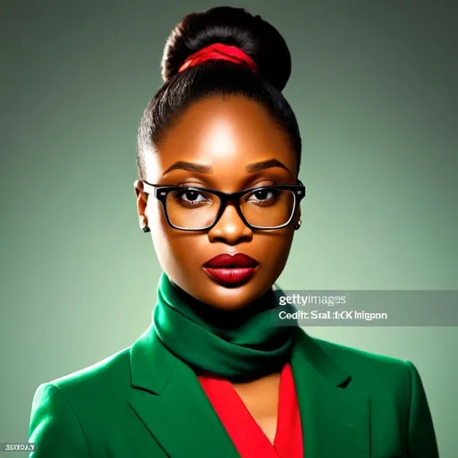 Prompt: An officially dressed lady in green suit white shirt green scarf red lipstick and pony pair portrait