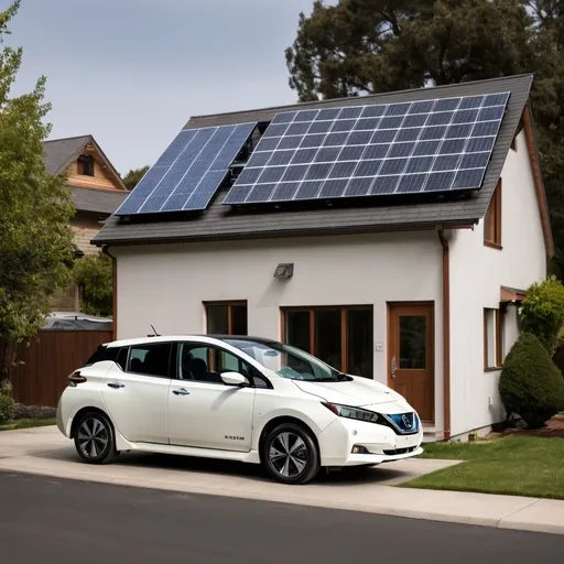 Prompt: a nissan leaf with vehicle to grid capabilities powering a house with solar panels during a power outage. 
