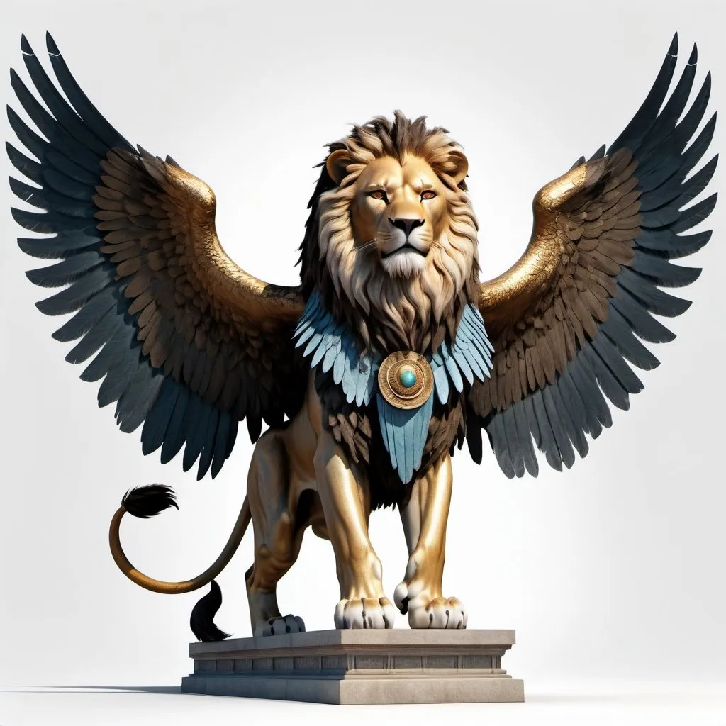 Prompt: Mythological creature, lion's body standing on hind legs, extended eagle wings, woman's face,eyes closed, photographic details, full image. realistic, 3D facing front, Ancient greece mythology, fantasy, white background