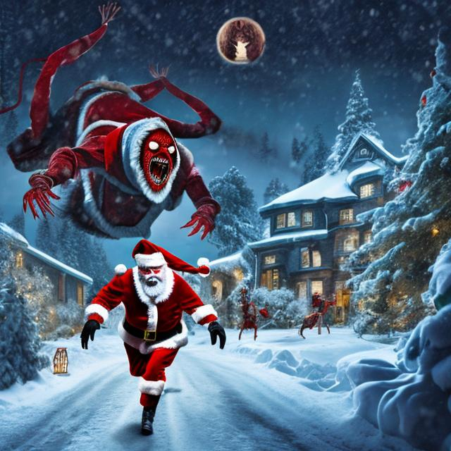 Prompt: Santa is being hunted by horrible gibbering monster children with spider eyes and sharp teeth, Santa is terrified and screaming, Santa is running away from the monster children, the monster children are chasing Santa, picturesque Christmas scene, snowy background, blood is everywhere