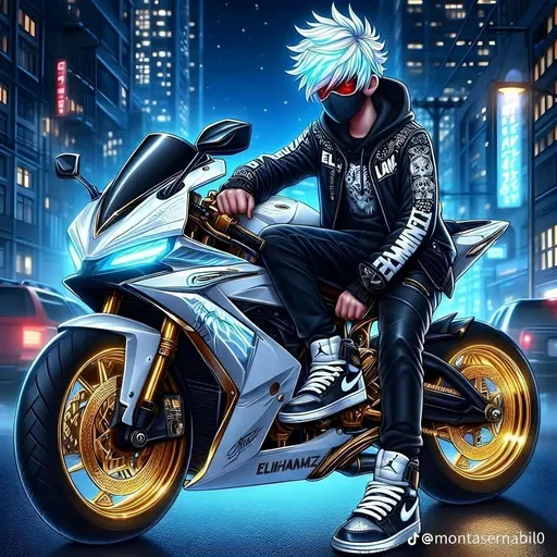 Prompt: This is a digital illustration in a vibrant, semi-realistic anime style. The central subject is a young male character with spiky, white hair and red-tinted, reflective goggles. He is wearing a black, hooded jacket adorned with white, intricate designs, black leather pants, and high-top black and white sneakers with white laces. A black face mask covers his lower face, adding a modern, edgy touch.

The character is seated on a sleek, white and blue sports motorcycle with gold accents on the wheels and frame. The motorcycle's design is futuristic, with glowing blue lights on the front and sides, and the word "ELIMINATE" is prominently displayed on the side. The background depicts a nighttime urban cityscape with tall buildings adorned with bright neon signs in various colors, including blue, red, and yellow. The city streets are illuminated by streetlights, and several cars with red taillights are visible in the distance, creating a bustling, lively atmosphere.

The overall color palette is a mix of cool blues and warm golds, with high contrast and sharp lines, enhancing the dynamic and energetic feel of the scene. The artist's signature, "@montaserabilo," is visible in the bottom right corner.