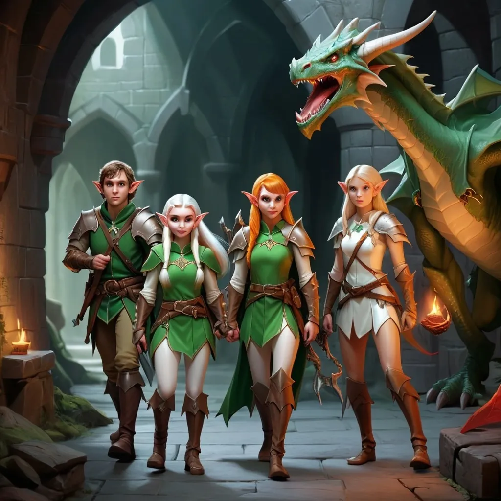 Prompt: Two Elf rangers, and two female elfs walking in a dungeon with a dragon headed human