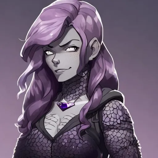 Prompt: A Woman with gray scaly skin and a cute face. full body image, frontal view.  Amethyst gems fan out from her neck and back. She is wearing Black clothes.