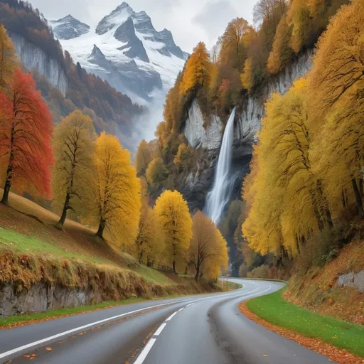 Prompt: Paisajes de suiza en temporada de otoño con carretera y una cascada al fondo del camino árboles que den un paisaje maravillos