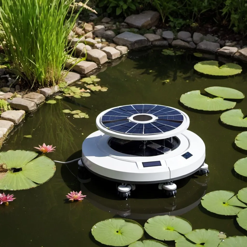 Prompt: Solar powered automatic pond cleaning robot