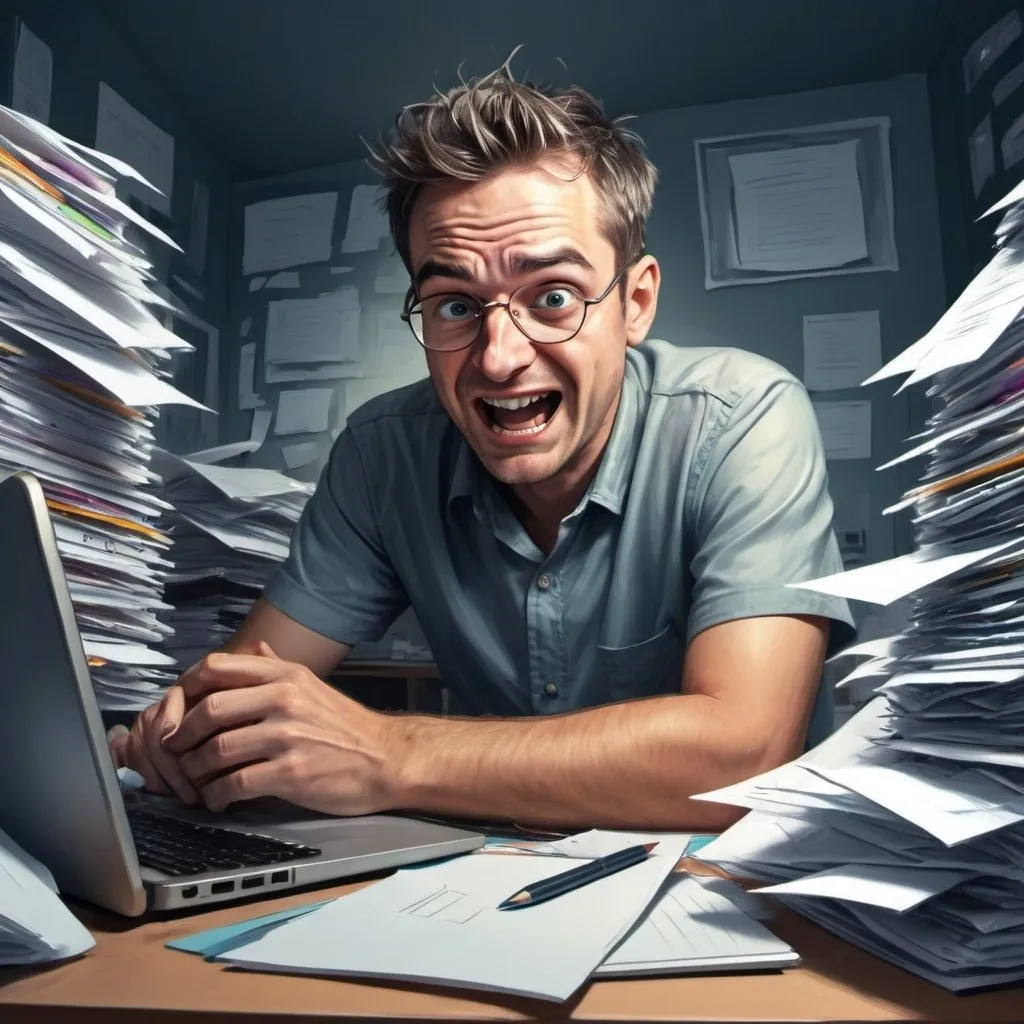 Prompt: Overwhelmed man with full email inbox, but clean desk, modern digital art, high quality, digital painting style, chaotic, intense and focused expression, but still happy, cool tones, dramatic lighting, urgent task, clean workspace, detailed facial features, professional, digital art, modern, cool tones, dramatic lighting