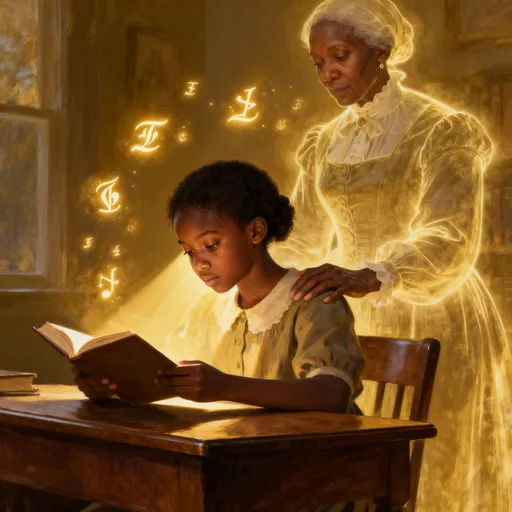 Prompt: A young Black girl reading a book at a wooden desk, light streaming across her face. Behind her, the faint, ethereal figure of an ancestor—wearing 19th-century clothing—rests a guiding hand on her shoulder, their forms blending gently through time. Glowing symbols of knowledge and memory float in the air around them, representing the passing of wisdom and strength. The mood is warm, proud, and full of legacy.

