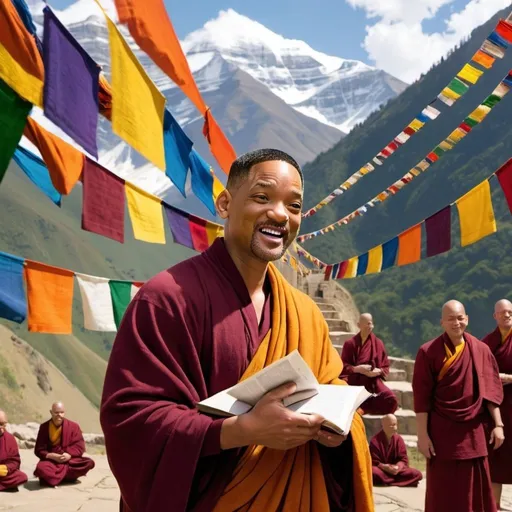 Prompt: Will Smith: Illustrate Will Smith as an Indian monk, engaging in a lively discussion with other monks in a monastery, with vibrant prayer flags fluttering in the background.