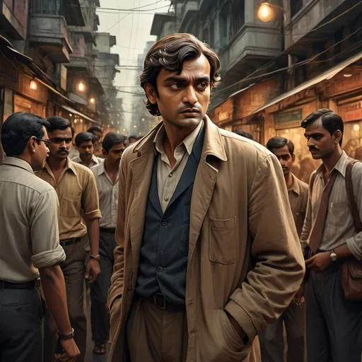 Prompt: Realistic, dynamic illustration of Leonardo navigating bustling Kolkata streets, intricate mysteries, thoughtful conversations, capturing Feluda's physical and mental prowess, detailed facial expressions, vintage detective story, dense atmosphere, professional, highres, realistic, detailed sketch, mystery, dynamic composition, detailed cityscape, vintage fashion, intense conversations, focused gaze, film noir, warm tones, atmospheric lighting