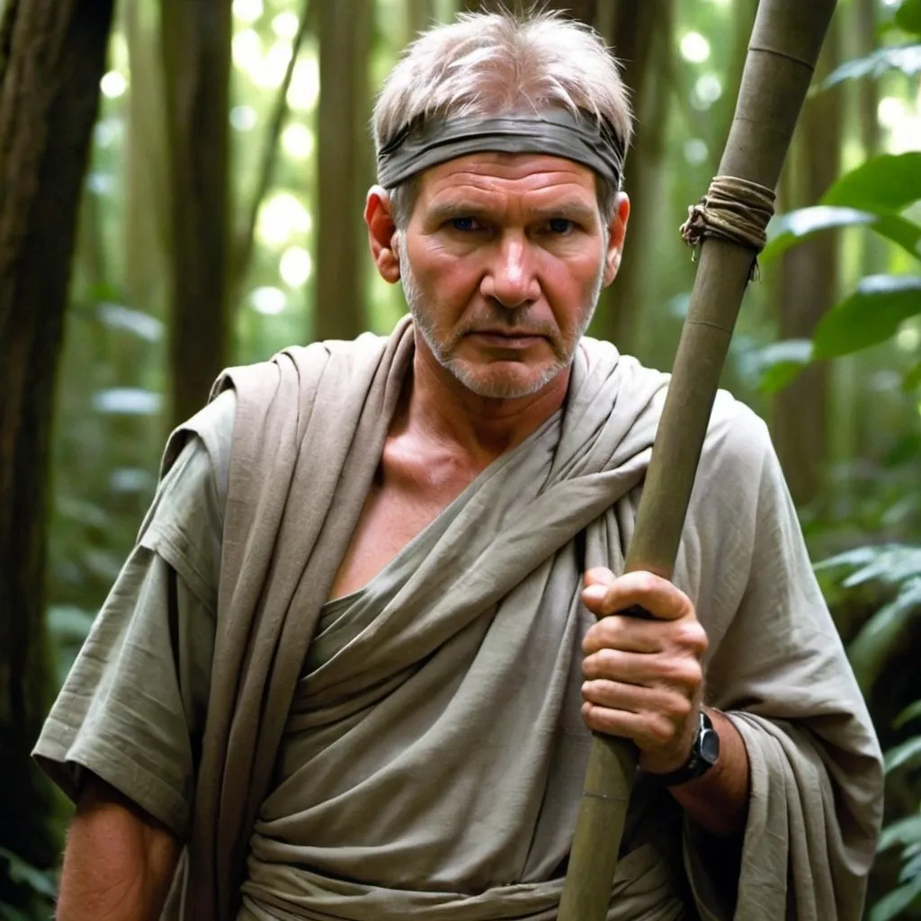 Prompt: Harrison Ford: Show Harrison Ford as an Hindu monk, trekking through a dense forest, carrying a simple staff, with a determined and serene expression on his face.