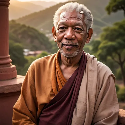 Prompt: Morgan Freeman as an elder Hindu Indian monk, temple porch, sharing stories, panoramic valley view, setting sun backdrop, traditional Indian attire, serene expressions, detailed facial features, storytelling ambiance, high quality, vibrant colors, traditional art style, warm tones, panoramic lighting