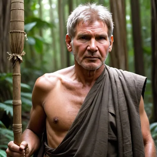 Prompt: Harrison Ford: Show Harrison Ford as an Indian monk, trekking through a dense forest, carrying a simple staff, with a determined and serene expression on his face.