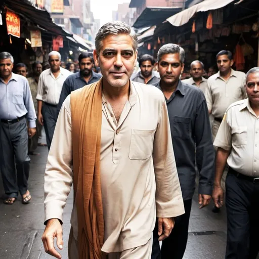 Prompt: George Clooney: Picture George Clooney as an Hindu Indian monk, walking through a bustling market street, offering blessings to passersby, with a gentle and wise demeanor.