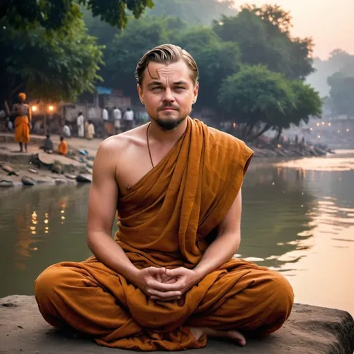 Prompt: Leonardo DiCaprio: Show Leonardo DiCaprio as an Indian monk, meditating by the banks of the Ganges River at dawn, surrounded by lush greenery and the river's gentle flow.
