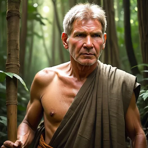 Prompt: Harrison Ford as Indian monk trekking through dense forest, determined and serene expression, traditional clothing, wooden staff, lush green foliage, serene atmosphere, high quality, realistic, traditional art style, earthy tones and soft lighting