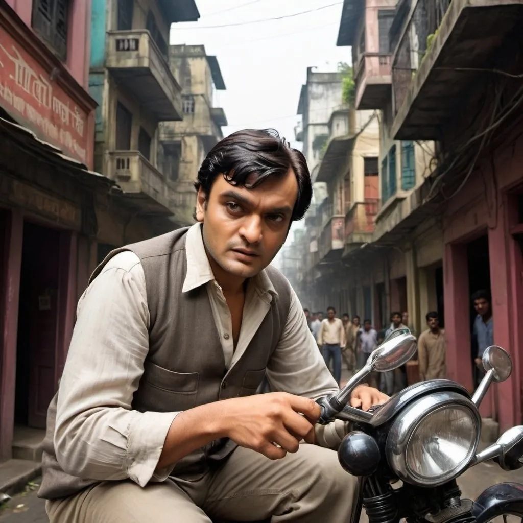 Prompt: Imagine Leonardo navigating the bustling streets of Kolkata, solving intricate mysteries, and engaging in thoughtful conversations with his cousin Topshe and friend Lalmohan Ganguly. His dynamic acting style would capture Feluda's blend of physical agility and mental prowess.