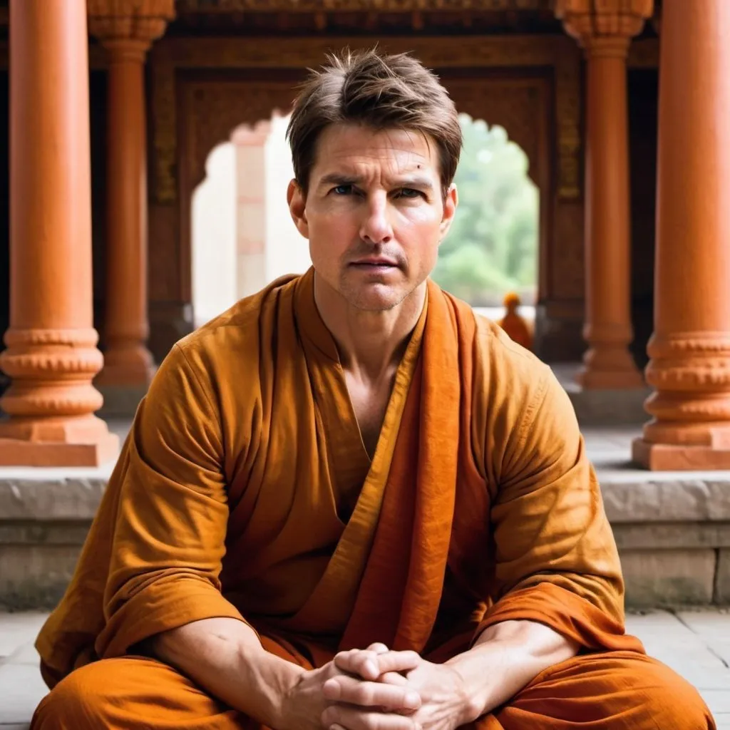 Prompt: Tom Cruise: Depict Tom Cruise as an Indian monk, wearing traditional saffron robes, sitting in a serene temple courtyard, with a calm and introspective expression.