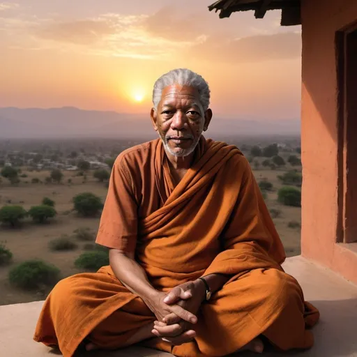 Prompt: Morgan Freeman: Illustrate Morgan Freeman as an elder Hindu Indian monk, sitting on a temple porch, sharing stories with a group of monks, with a backdrop of the setting sun and a panoramic view of the valley.