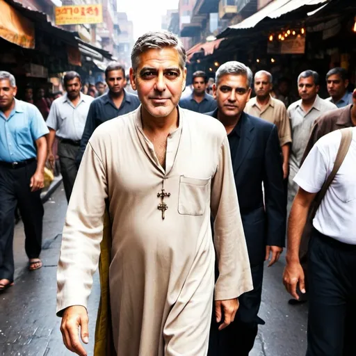 Prompt: George Clooney: Picture George Clooney as an Indian monk, walking through a bustling market street, offering blessings to passersby, with a gentle and wise demeanor.