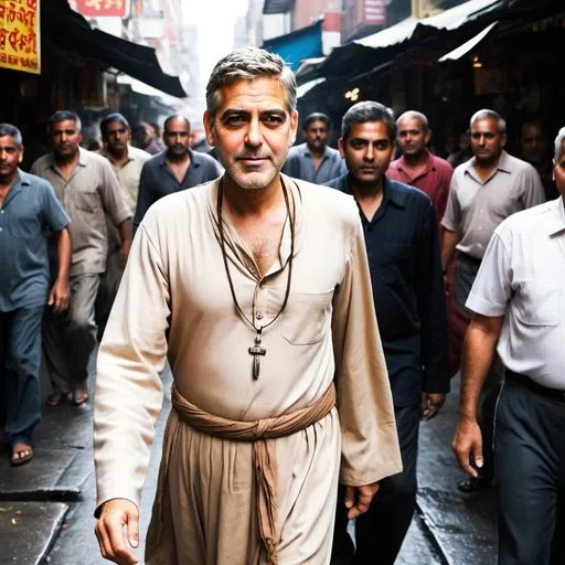 Prompt: George Clooney: Picture George Clooney as an Indian monk, walking through a bustling market street, offering blessings to passersby, with a gentle and wise demeanor.