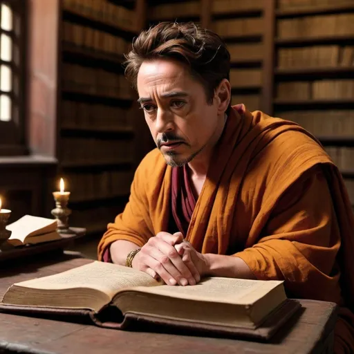 Prompt: Robert Downey Jr.: Present Robert Downey Jr. as an Indian monk, in a contemplative pose, reading ancient scriptures in a dimly lit, rustic library filled with old manuscripts.