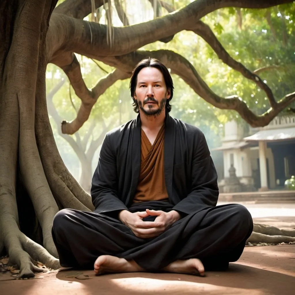 Prompt: Keanu Reeves: Portray Keanu Reeves as an Indian monk, sitting cross-legged under a large banyan tree, with rays of sunlight filtering through the leaves, creating a peaceful ambiance.