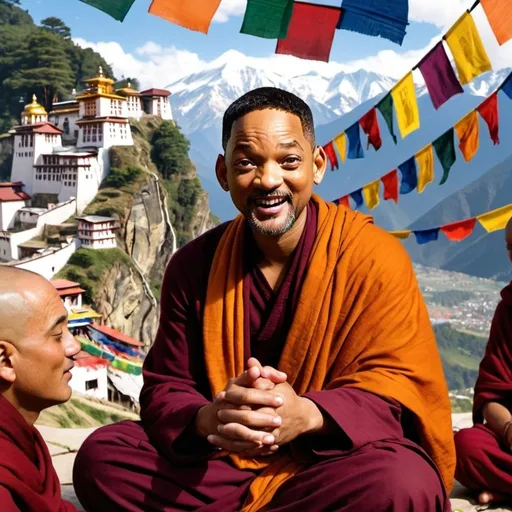 Prompt: Will Smith: Illustrate Will Smith as an Indian monk, engaging in a lively discussion with other monks in a monastery, with vibrant prayer flags fluttering in the background.